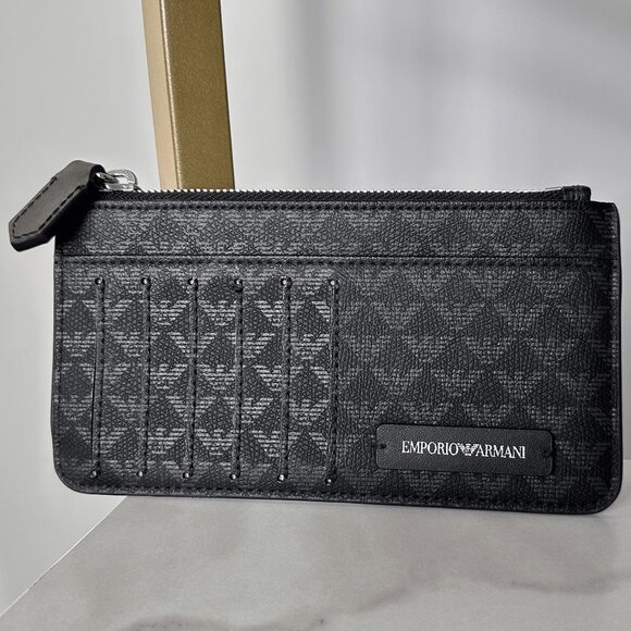 Emporio Armani Logo Card Holder Purse - Black Geometric Pattern - Picture 1 of 3